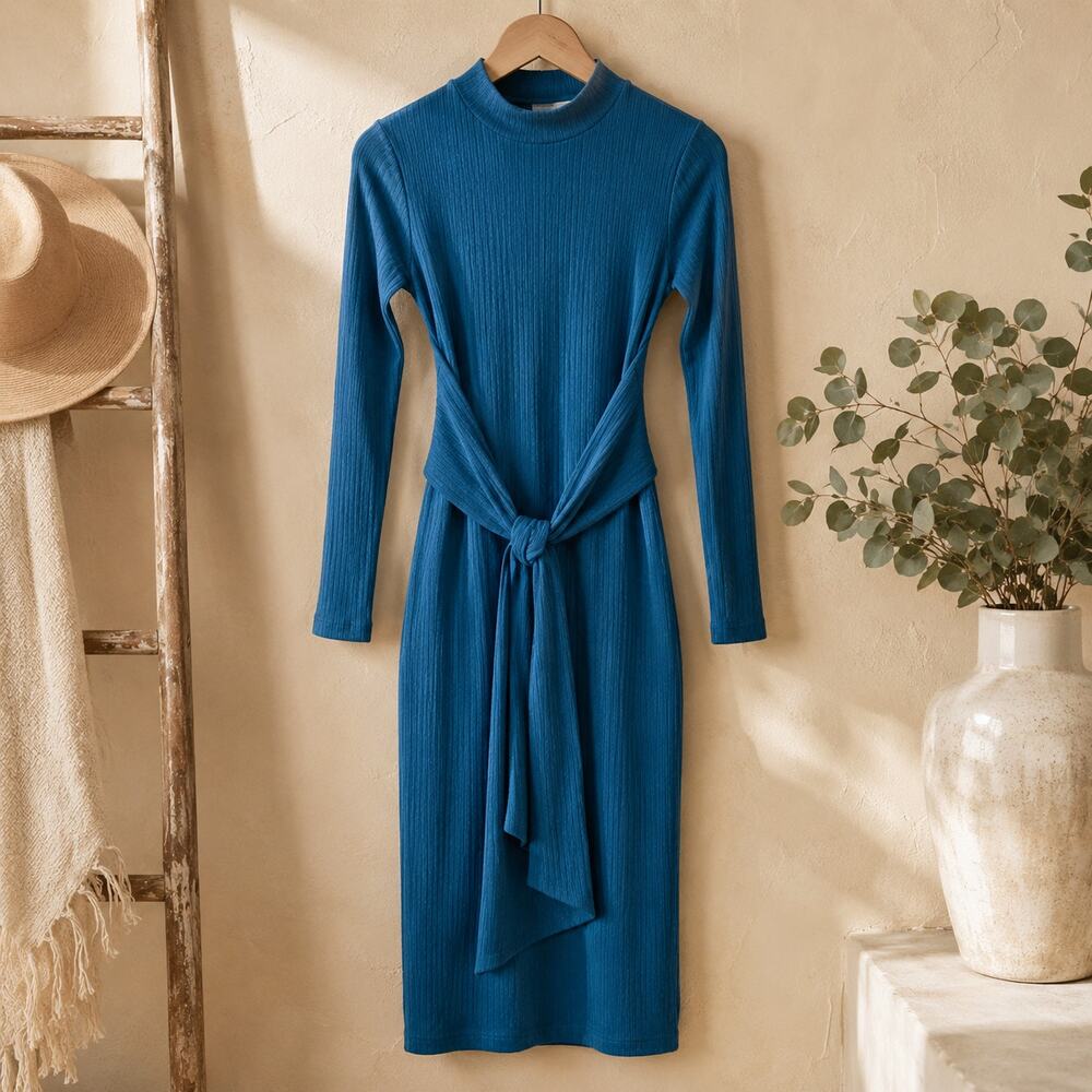 NSR Teal Blue Ribbed Bodycon Tie Front Midi Dress Long Sleeve Size S NWT